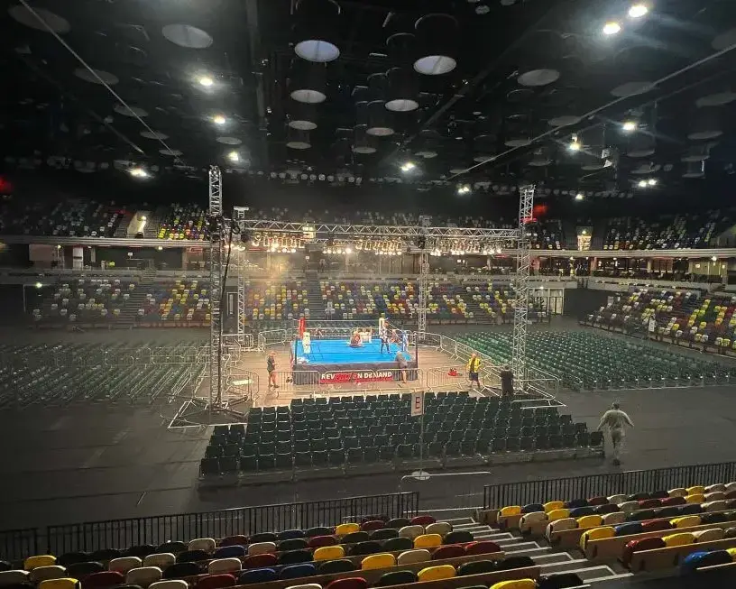 Premier Live AV production for New Japan Pro-Wrestling at Copper Box Arena, London - lighting rig