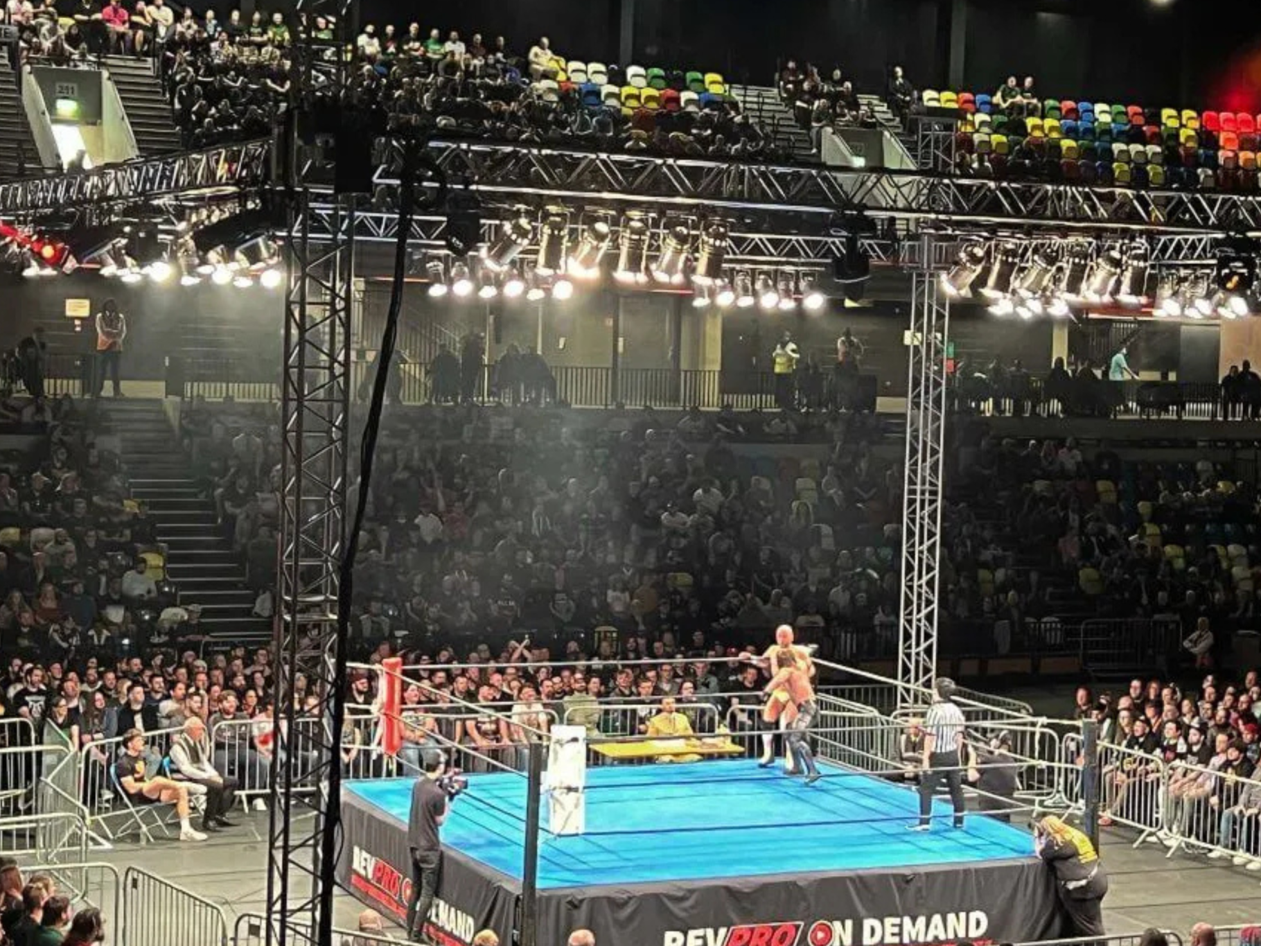 Premier Live AV production for New Japan Pro-Wrestling at Copper Box Arena, London - stage and set build