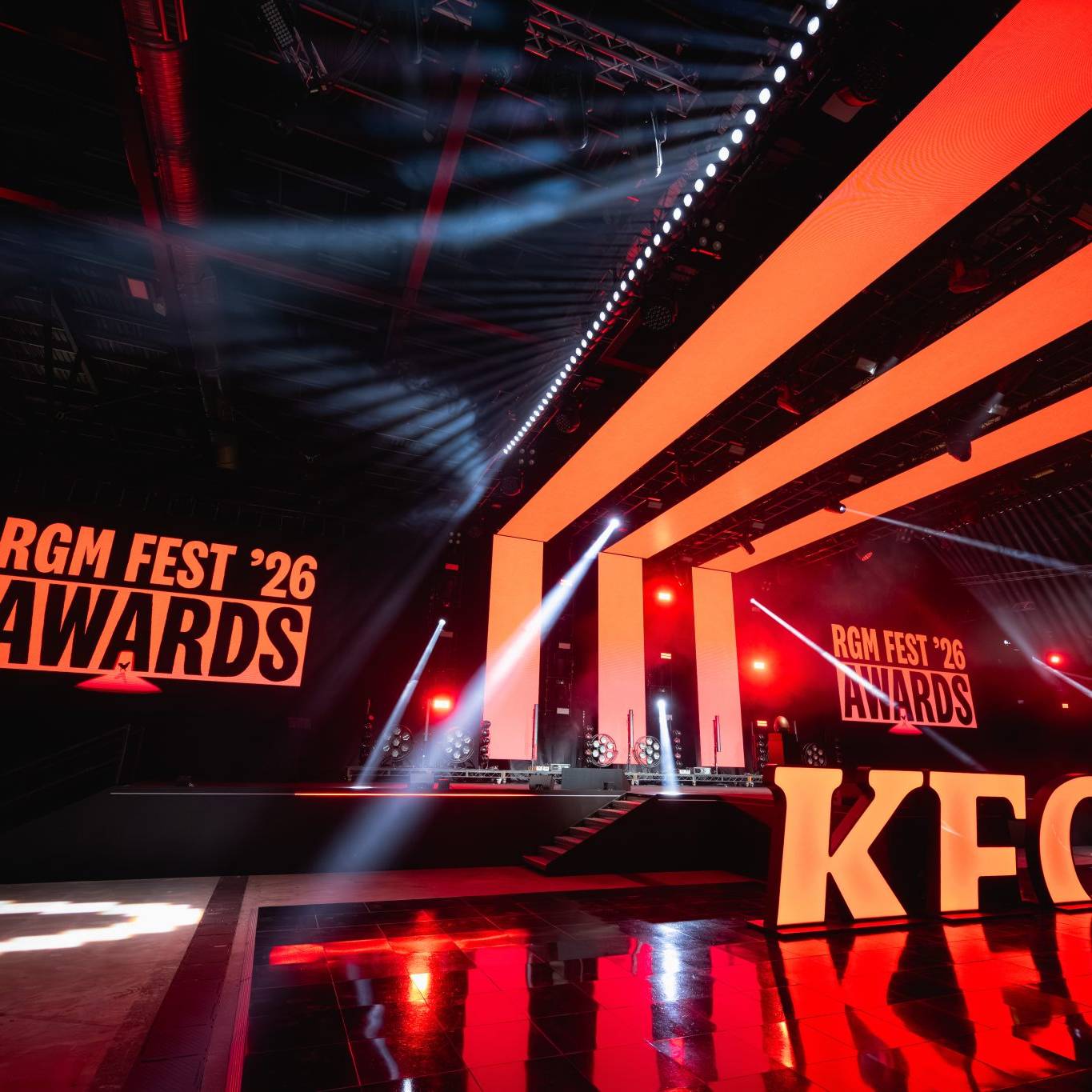 Premier Live AV production for KFC (RGM Fest) at Exhibition Centre Liverpool - stage and set build