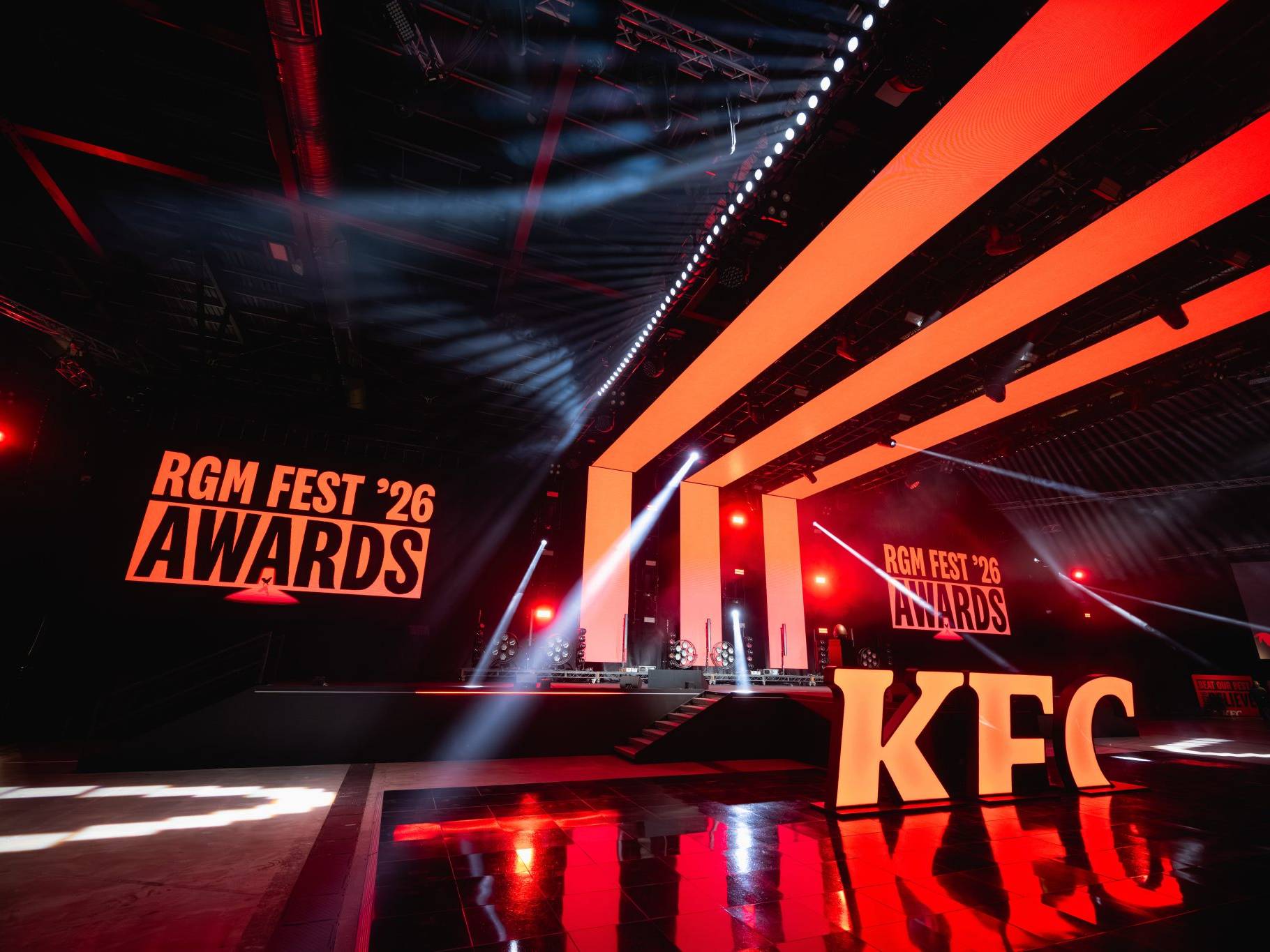 Premier Live AV production for KFC (RGM Fest) at Exhibition Centre Liverpool - stage and set build