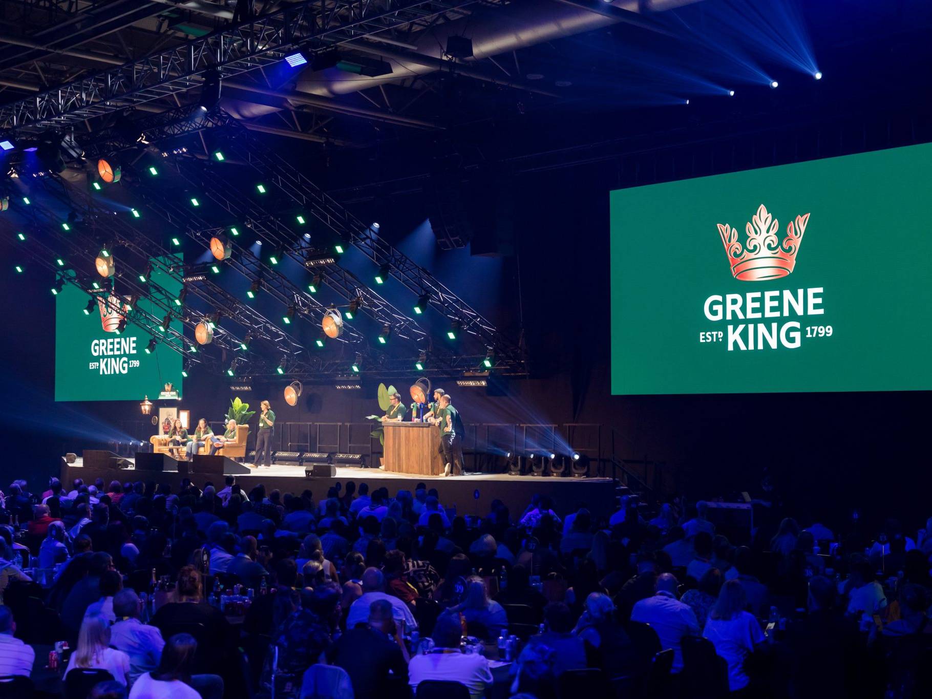 Premier Live AV production for Greene King at Hall 9, NEC Birmingham - stage and set build